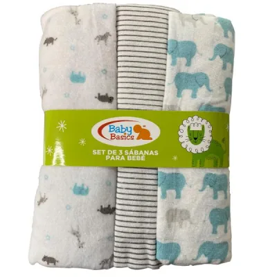 Baby Basics Juego de Sábanas para Bebé Set de 3 piezas (ElefanteRayas)